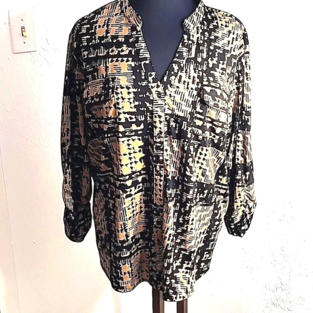 Faded Glory Tan & Black Blouse, Size XL, (16-18) NWOT